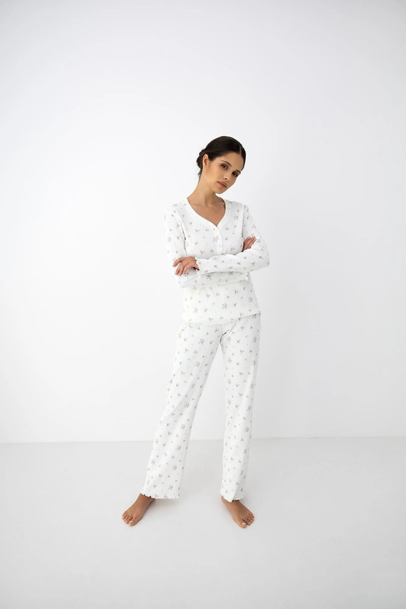 Pigiama donna Sensis Vida ecru in cotone con fiori, manica lunga e pantaloni
