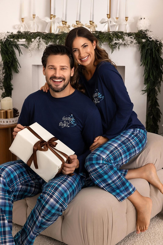 Pigiama da donna Regina 743 blu marino - cotone, lunghezza. manica, stampa, pantaloni a quadri