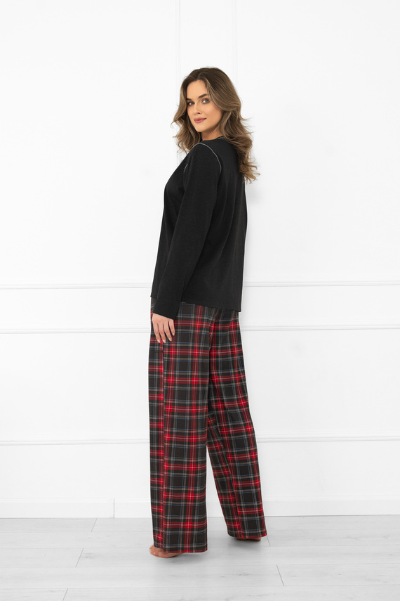 Pigiama donna Italian Fashion in cotone melange scuro, manica lunga e pantalone, a quadri