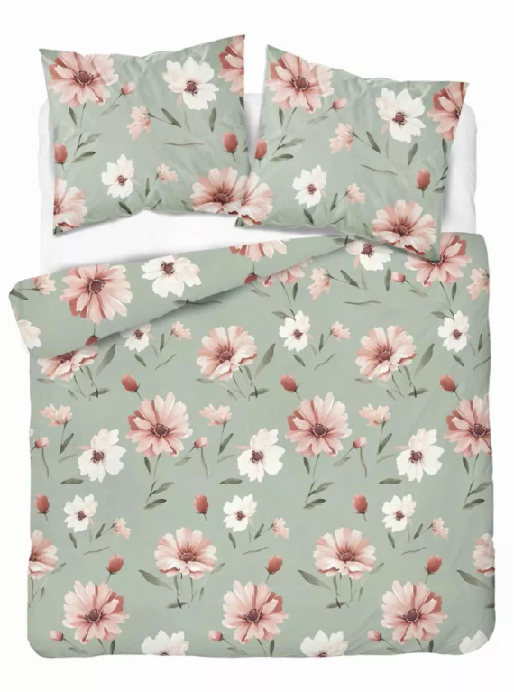 5502 B Biancheria da letto in cotone menta con fiori crema e rosa Naturalis- Detexpol