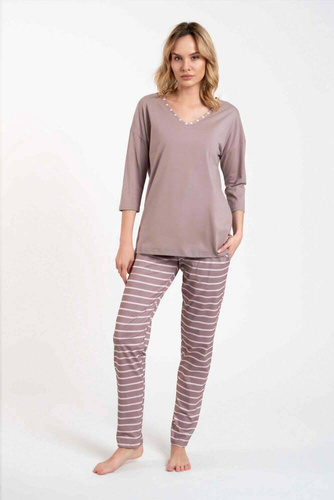 Betty Pigiama donna manica 3/4, pantaloni lunghi Moda italiana - cappuccino/stampa cappuccino