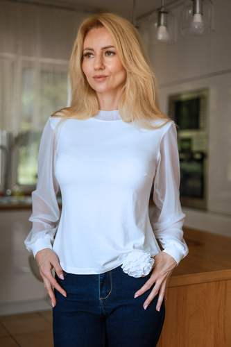 Mirale Freya Blusa Donna in Viscosa con Maniche in Tulle e Collo Alto Elegante - ecru