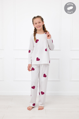 Italian Fashion Kioga Pigiama lunga ragazza Mega Soft ecru con cuori