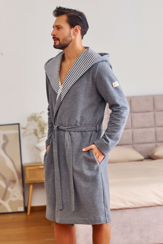 7230 Accappatoio da uomo Doctor Nap - cotone, cappuccio, finiture eleganti - grigio scuro