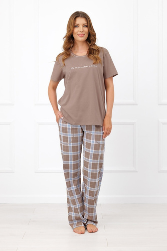 Pigiama donna Italian Fashion Delma 100% cotone a quadri pantaloni lunghi cappuccino