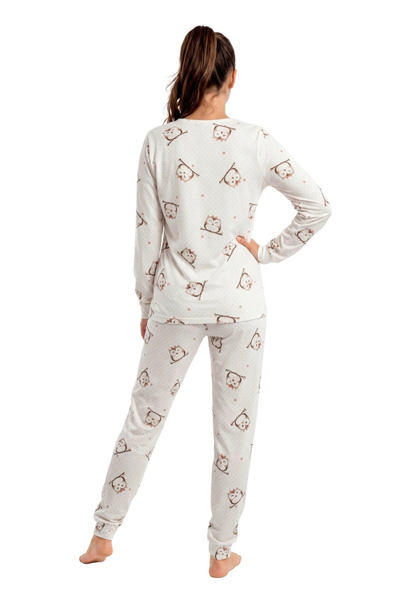 Pigiama donna Donna Sova Long ecru 100% cotone con gufi pantaloni lunghi