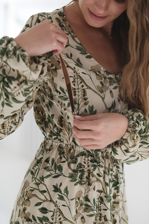Lovely Dress Midi Milk&Love a fiori verdi - abito premaman e da allattamento in lino, taglio elegante con cerniere da allattamento