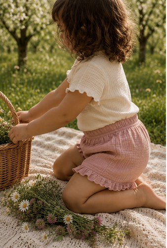 Mamatti SZ50310 pantaloncini bambini in mussola rosa sporco, traspiranti ed eleganti