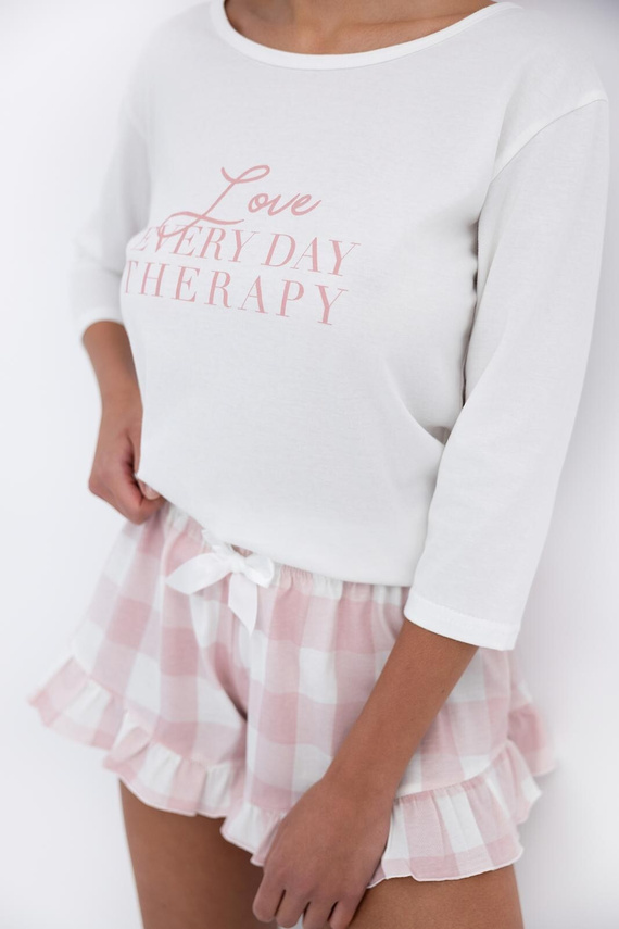 Emily Sensis - Pigiama da donna in cotone | camicia a 3/4 e pantaloncini a quadri con volant