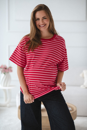 Mamahood Maglietta per la gravidanza e l'allattamento Milk&Love a righe rosse e rosa, comoda ed elegante