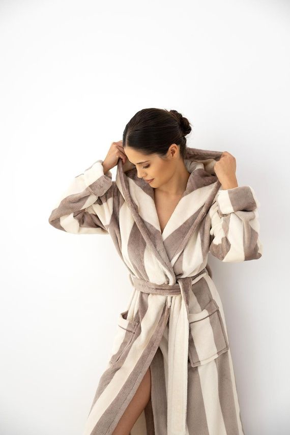 Accappatoio donna Sensis Lirien ecru-mocca lungo con cappuccio e tasche