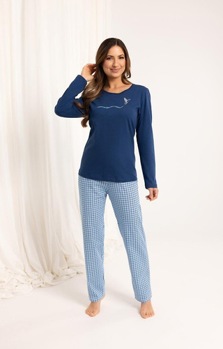 714 Pigiama da donna Regina blu navy - cotone, manica lunga, pantaloni a quadri