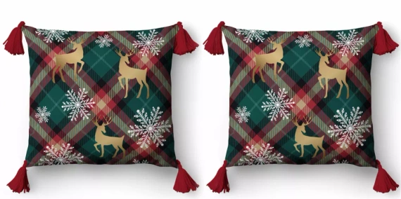 5381 Una federa decorativa natalizia Christmas Deco Detexpol con renne e fiocchi di neve su uno sfondo a traliccio - zip