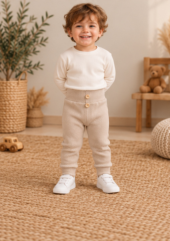 Leggings da bambino LC012 beige in cotone a coste con bottoni in legno