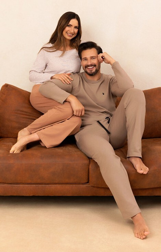 715 Pigiama da donna Regina beige - cotone, camicia a righe con taschino