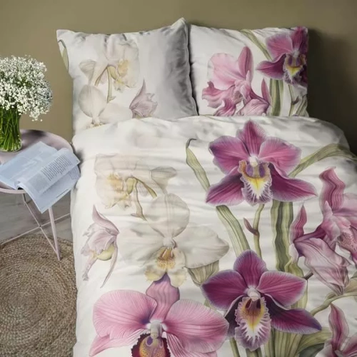 5427 Una biancheria da letto in microfibra 3D con orchidee esotiche su sfondo crema - Detexpol