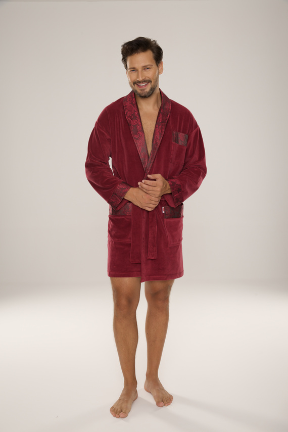 866 Noble Accappatoio in velluto De Lafense da uomo - corto, elegante, in cotone - bordeaux