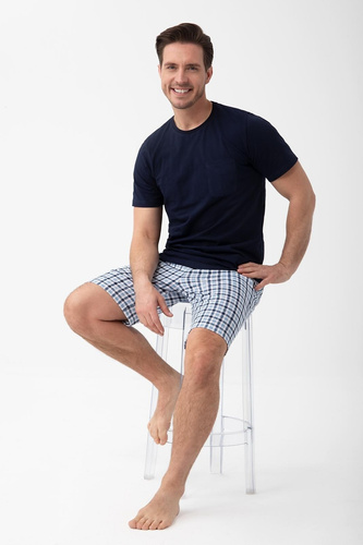 Pigiama uomo 1601 Luna blu navy in cotone con pantaloncini a quadri