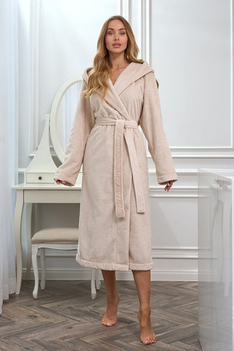 L&L 2602 Honey Accappatoio lungo da donna con cappuccio, morbido, con cintura, angora