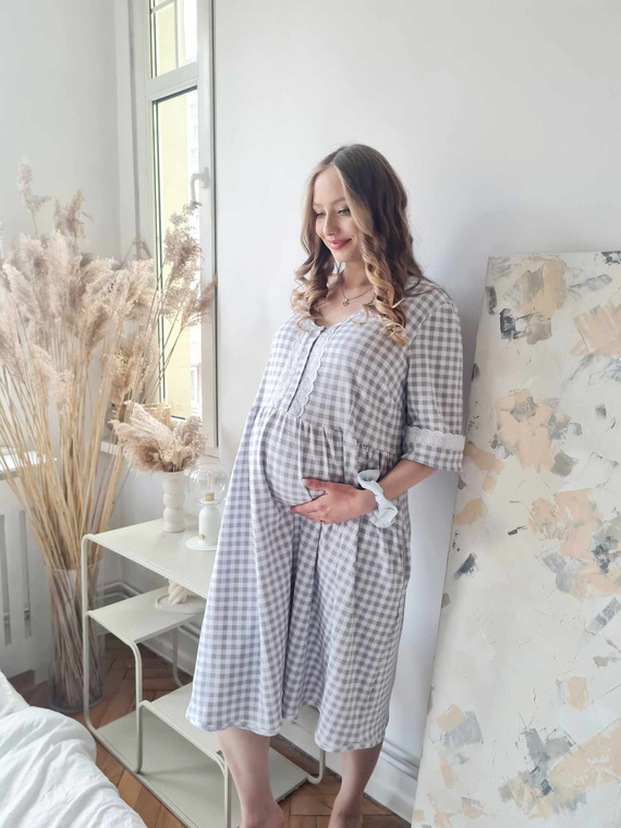 34LI Lidia Camicia per la gravidanza e l'allattamento Marija - 100% cotone, plaid classico