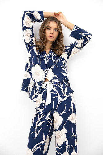Sensis Vaya Pigiama Donna 100% Viscosa Blu Scuro con Fiori e Bottoni