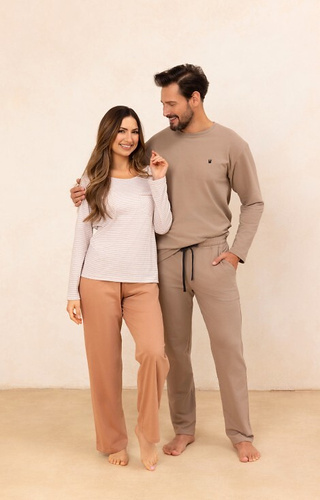 715 Pigiama da donna Regina beige - cotone, camicia a righe con taschino