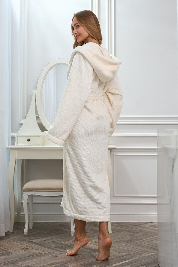 L&L 2602 Honey Accappatoio lungo da donna con cappuccio, morbido, con cintura, ecru