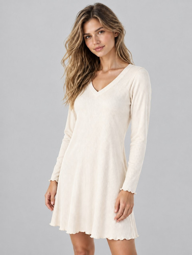 Eldar Ilaya Camicia da Notte Donna in Viscosa Manica Lunga Scollo a V Righe Ecru