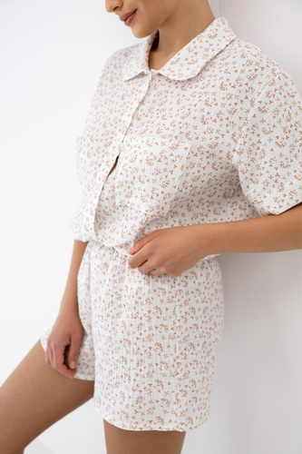 Pigiama donna Nayla bianca in cotone con bottoni e pantaloncini corti