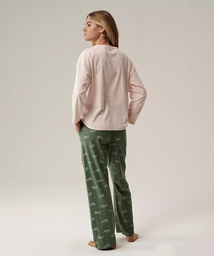 Pigiama donna NLP-501 Atlantic rosa-verde - 100% cotone effetto pesca, manica lunga, pantaloni con tasche | Calore e comfort Premium
