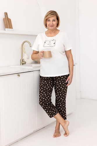 733 Pigiama Regina in cotone ecrù, maniche corte, scollo semicircolare, stampa sul davanti