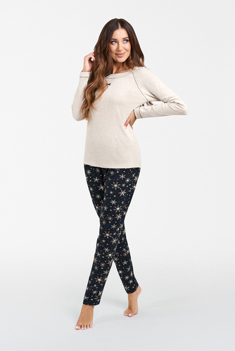 Denali Pigiama donna manica lunga, pantalone lungo Moda Italiana- beige melange/stampa