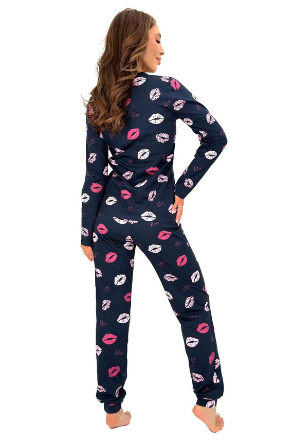 Donna Kiss Long pigiama donna blu navy 100% cotone pantaloni lunghi