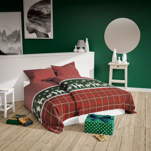 Xmass Biancheria da letto natalizia in cotone Spod Igły i Nitki - renna a scacchi rossi piselli verdi, set con cerniera, 100% cotone