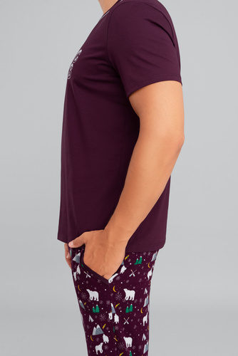 Manfred Pigiama uomo manica corta, pantalone lungo Moda Italiana- bordeaux/stampa bordeaux