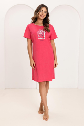 Camicia da notte Regina 174, cotone, manica corta, mezzo girocollo, stampa lampone