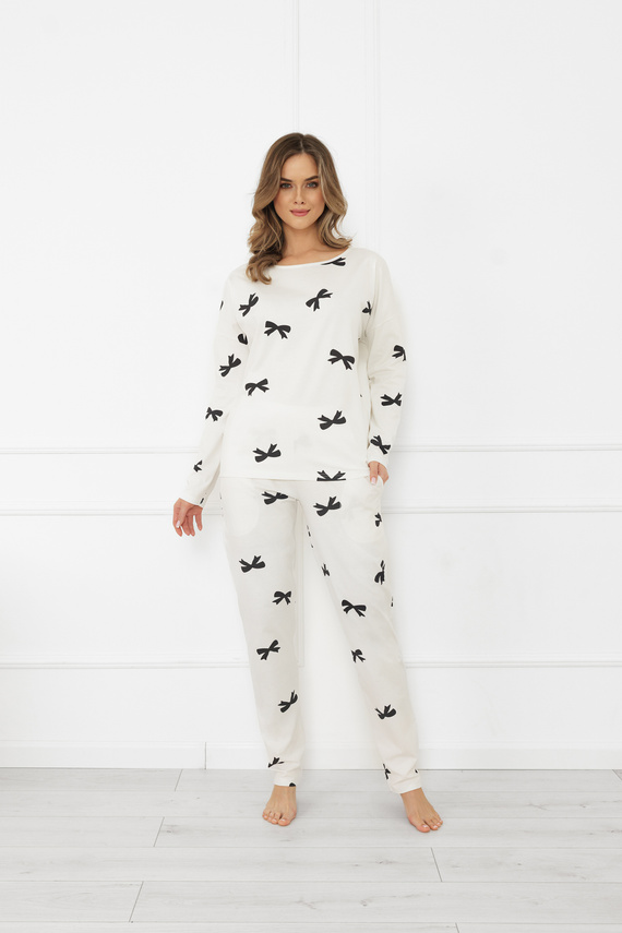 Pigiama da donna Figaro - ecru, cotone, manica lunga + pantaloni lunghi Moda italiana