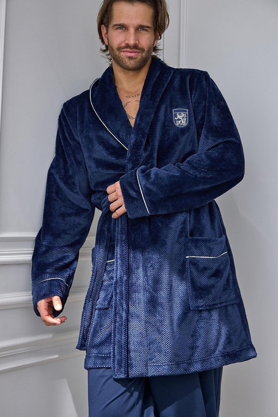 L&L Elegant 2664 Accappatoio Uomo Corto in Tessuto Waffle Morbido con Colletto blu scuro