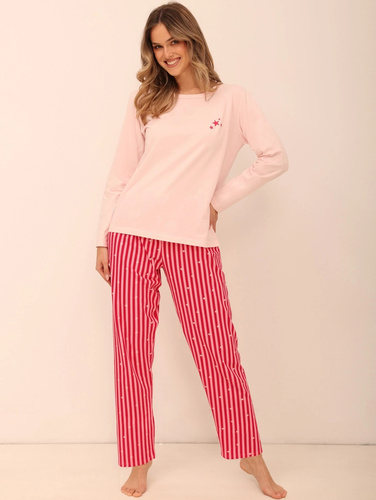 Pigiama donna Taro 3687 Sela rosa natalizia in cotone con pantaloni lunghi