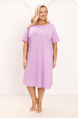 Camicia da notte Regina 176, cotone, manica corta, mezzo girocollo, stampa - viola