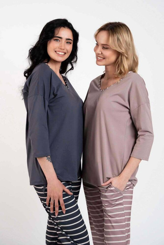 Betty Pigiama donna manica 3/4, pantaloni lunghi Moda italiana - cappuccino/stampa cappuccino