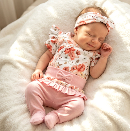 ABK-0055 Completo Neonato NINI Roses in Cotone Organico Body, Mezza Salopette, Fascia