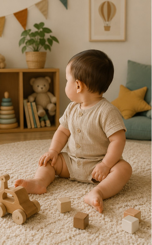 RA55215 Mamatti Rampers muślinowy beige con bottoni in legno per l'estate