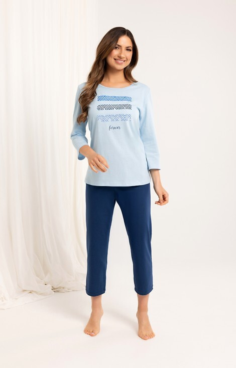 709 Pigiama da donna in cotone blu - manica 3/4, pantaloni 3/4, stampa a colori