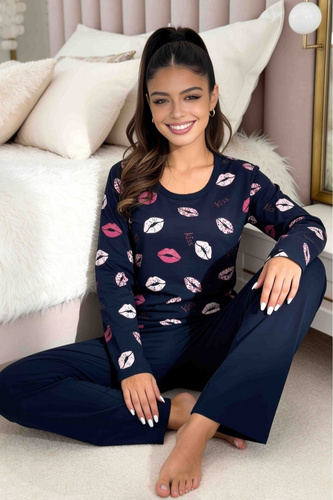 Donna Kiss Long pigiama donna blu navy 100% cotone pantaloni lunghi