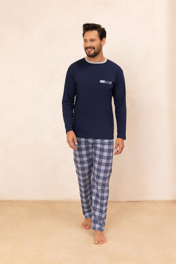 Regina 488 - pigiama da uomo in cotone blu navy con maniche lunghe, taglio classico