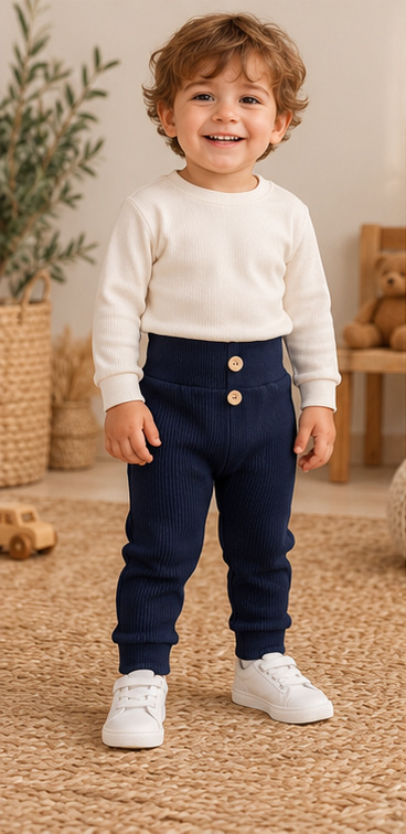 Leggings da bambino LC005 blu navy in cotone a coste con bottoni in legno