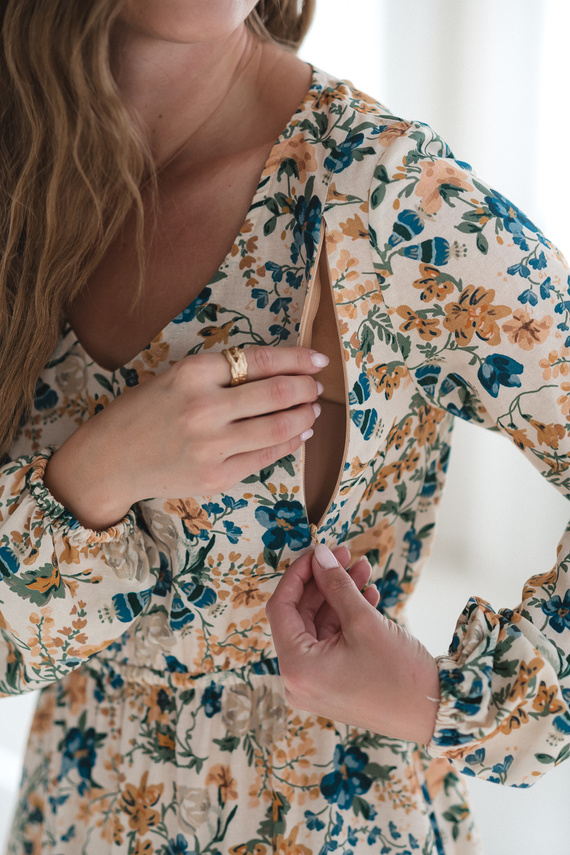 Lovely Dress Midi Milk&Love, abito premaman e da allattamento beige a fiori in lino, taglio elegante con cerniere da allattamento