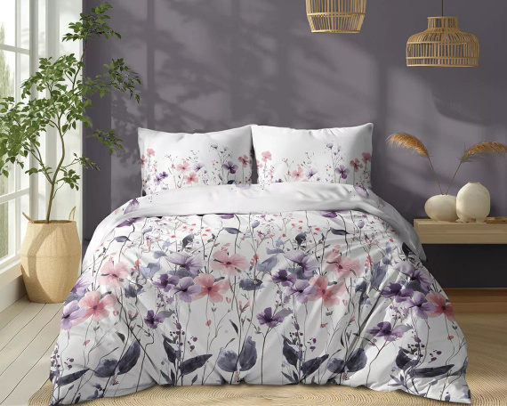 5773 B Cotton Bloom Detexpol biancheria da letto bianca con fiori di campo rosa e viola - 100% cotone, double face, produzione polacca