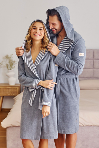 7230 Accappatoio da uomo Doctor Nap - cotone, cappuccio, finiture eleganti - grigio scuro